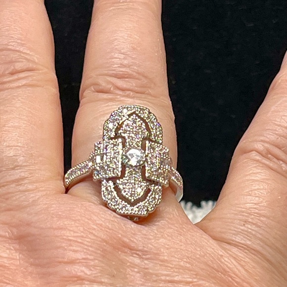 Romantic art deco style silver ring, very detailed with clear rhinestones - Picture 9 of 9